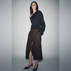 ZARA Plaid Pleated Classic Midi Skirt w/ Front Slit Brown Sz M NEW